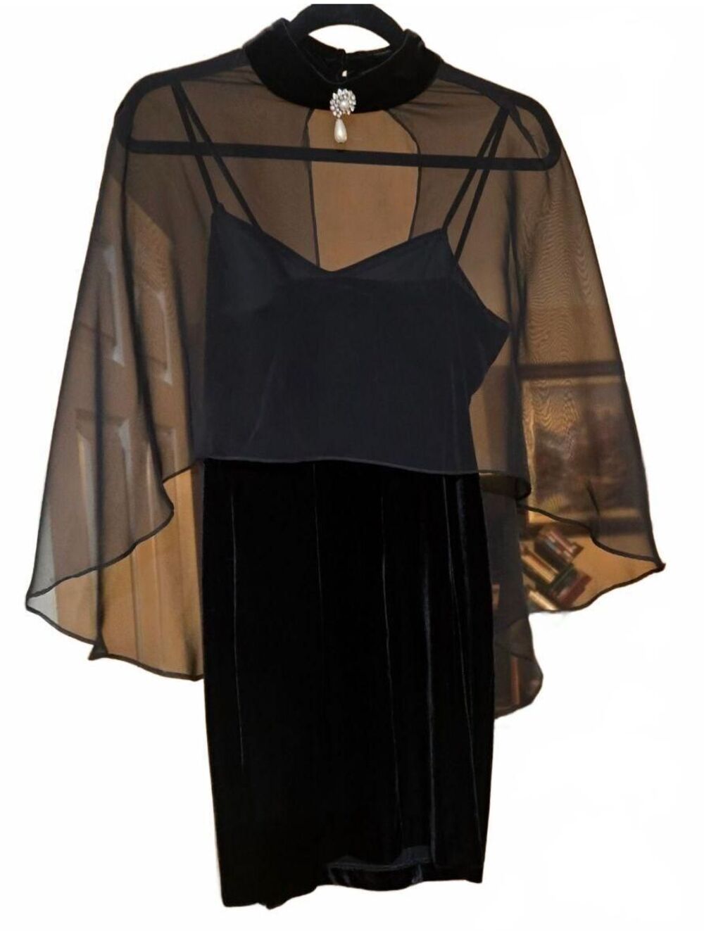 Vintage 90s Temptation Black Velvet dress Capelet & sheer Brooch Gothic Y2K